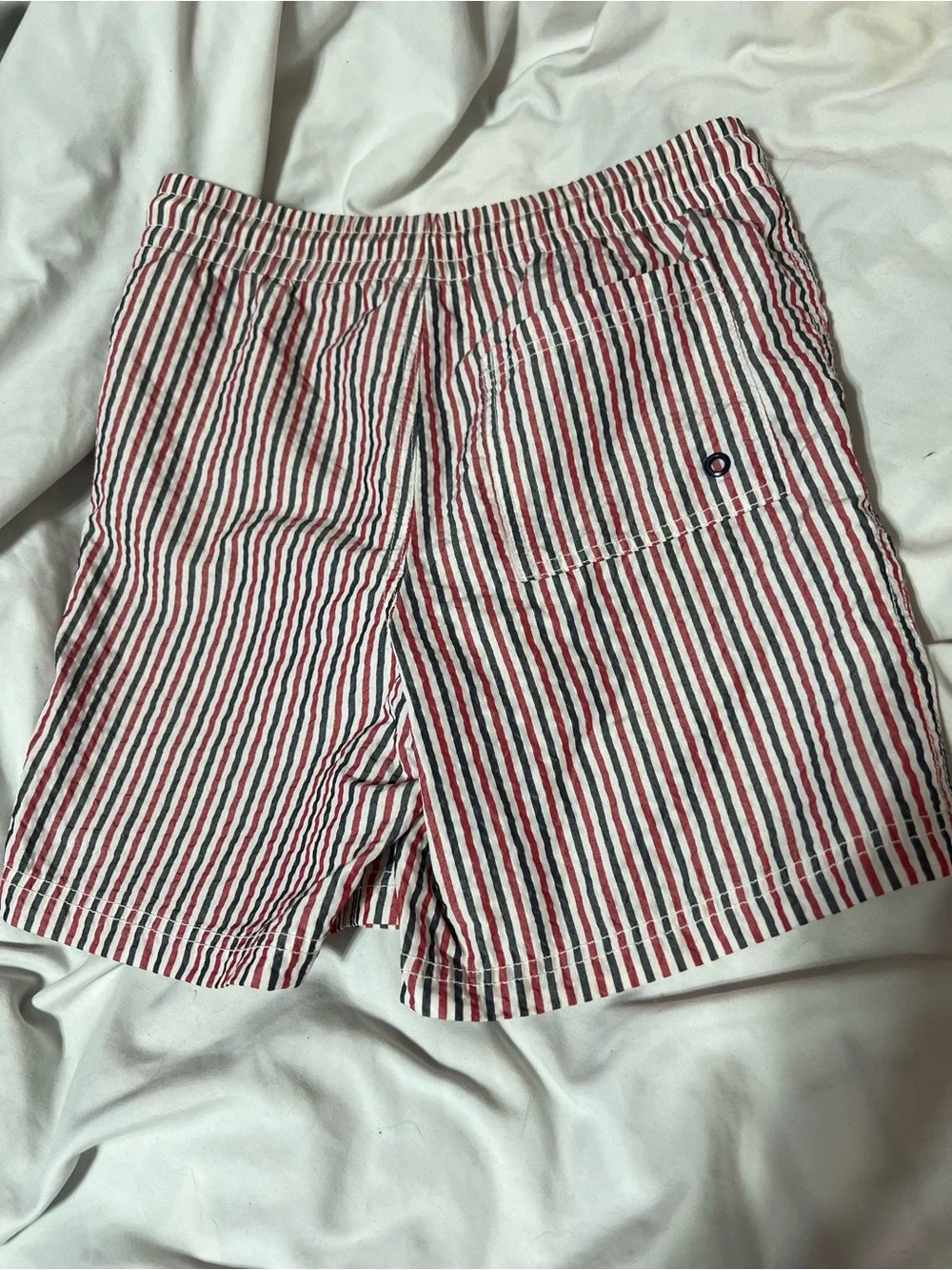 Kids Red, White & Navy Stripe Swim Trunks with Drawstring